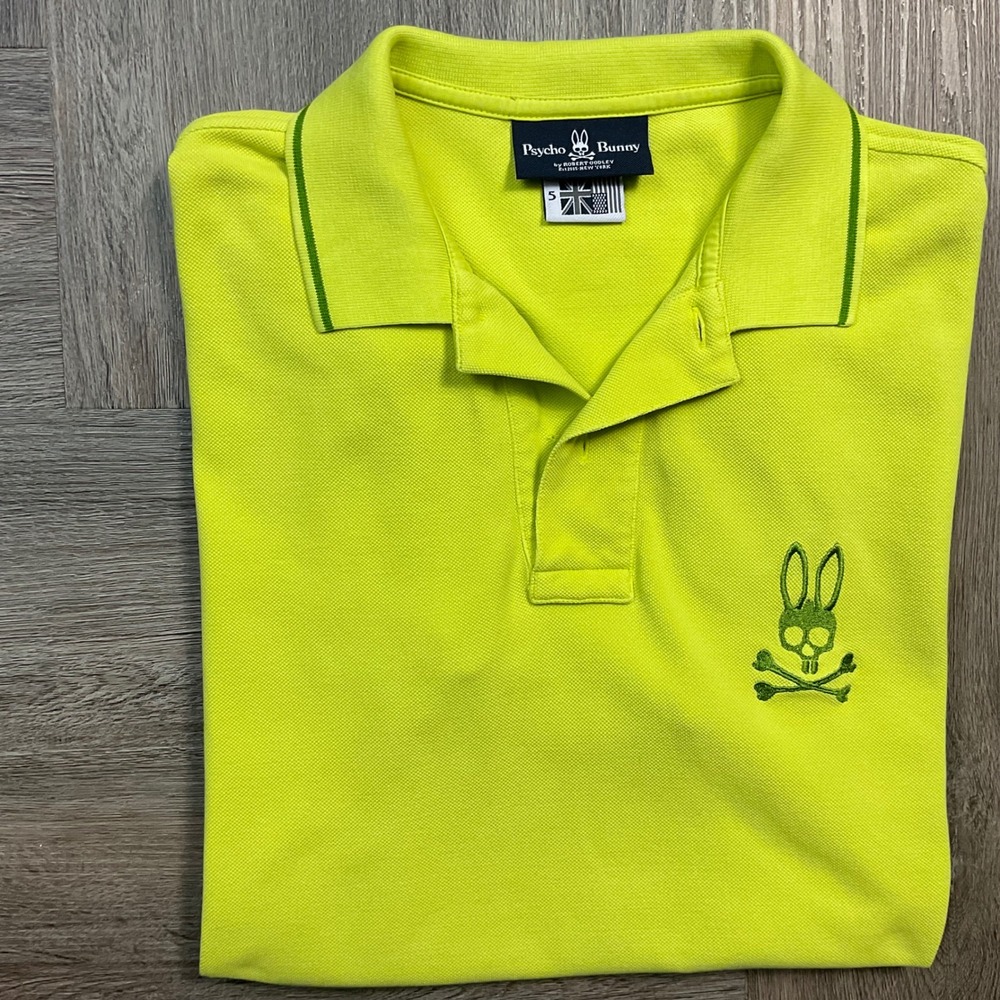 Psycho Bunny Polo Shirt Mens 5 Medium Neon Yellow Embroidered Logo Golf Y2K - Picture 3 of 7